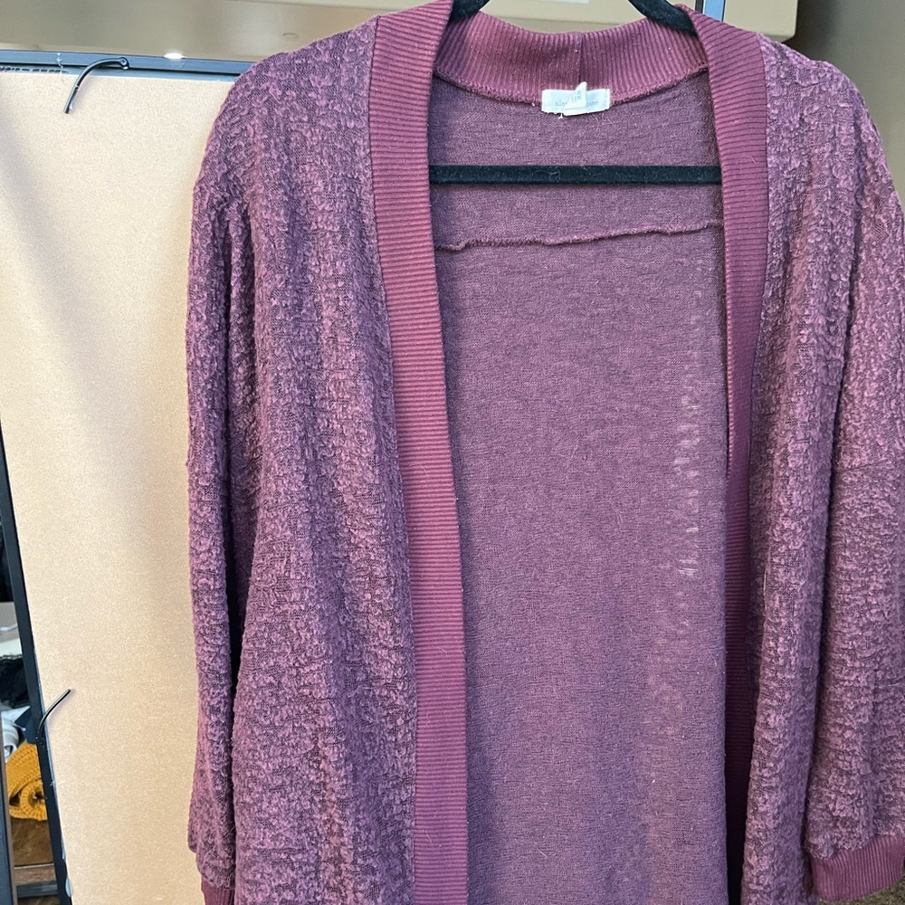 purple cardigan